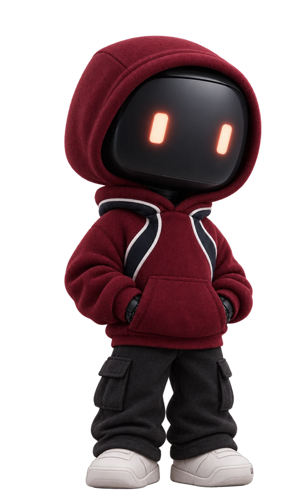 Personagem robô com moletom vinho, capuz e olhos em formato de traço laranja brilhante — o agente de IA do fluxo.